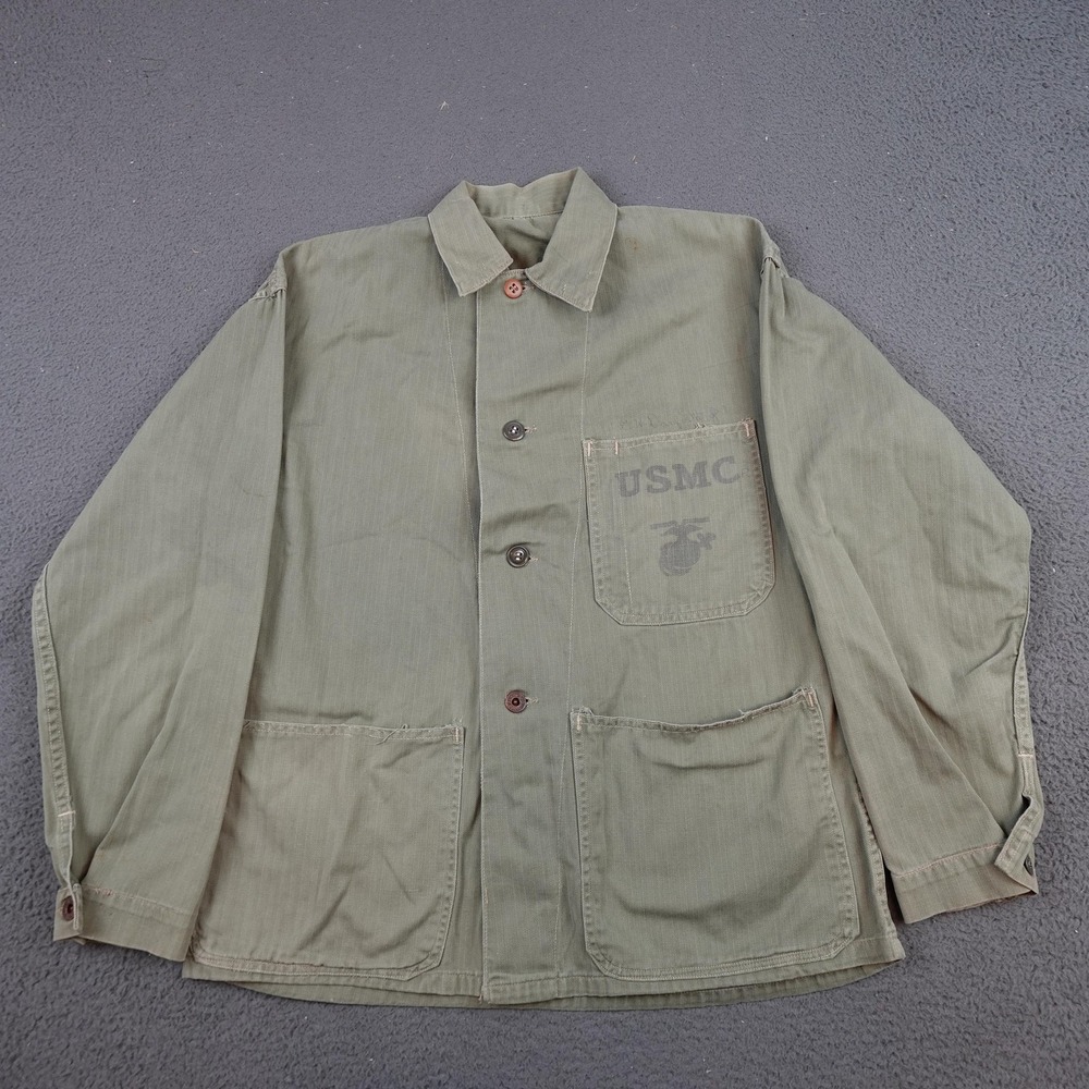 Vintage USMC Jacket Mens Large Green Herringbone Chore Military 40s Tencil